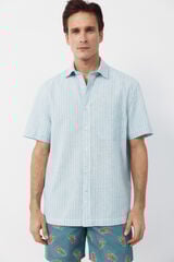 Cortefiel Striped cotton linen short sleeve shirt Turquoise