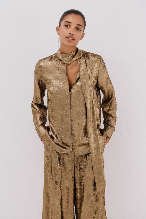 Cortefiel Gold effect bow or tie blouse Gold