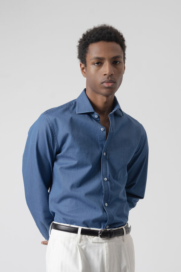 PuroEGO Camisa em denim de algod&atilde;o Azul