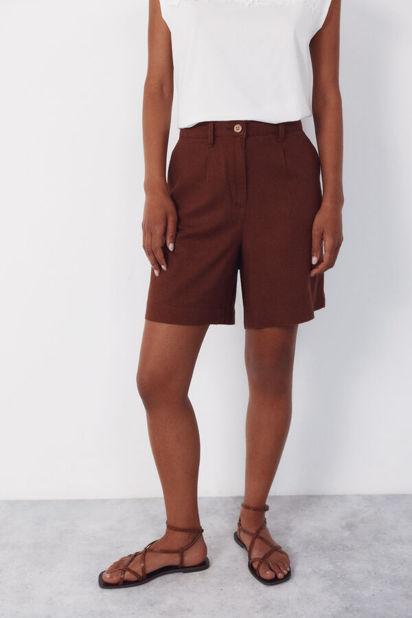 Cortefiel Bermudas de linho liso Castanho
