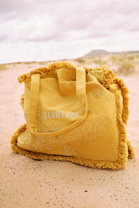 Cortefiel Shopper with frayed floral embroidery Gold