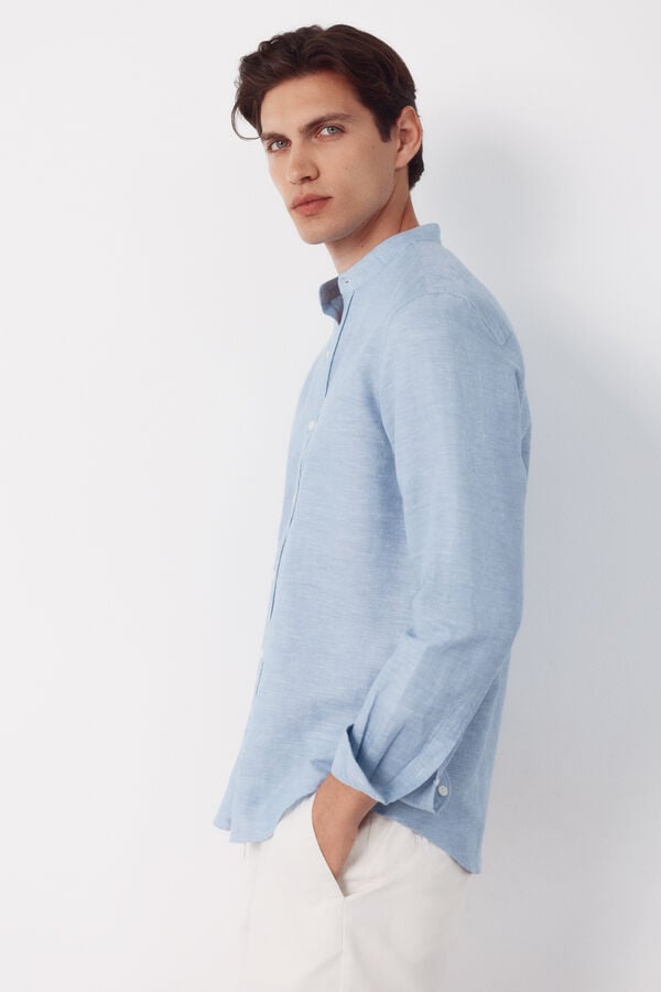 Cortefiel Plain linen cotton mandarin collar shirt Blue