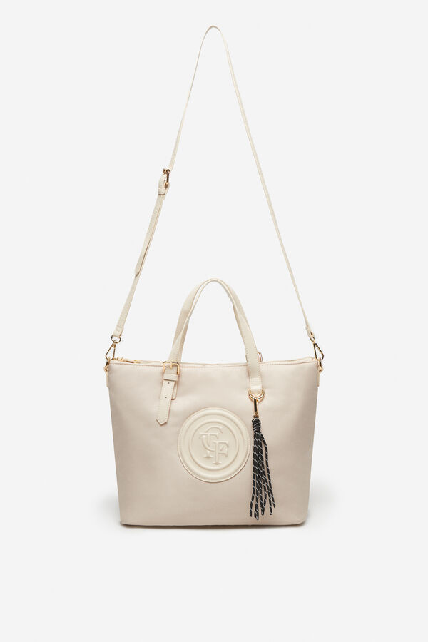 Cortefiel Quilted nylon logo shopper bag Ivory