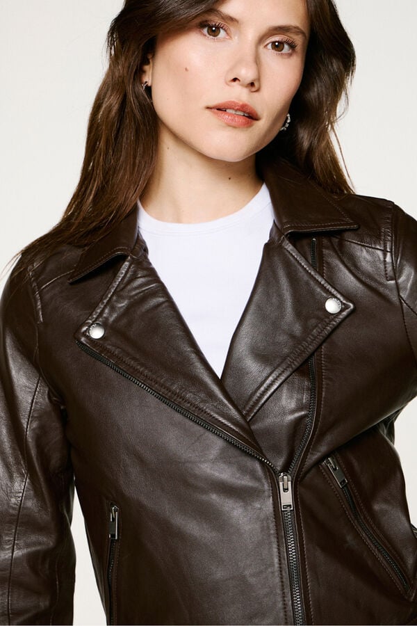 Selected Blusão biker curta 100% couro Castanho