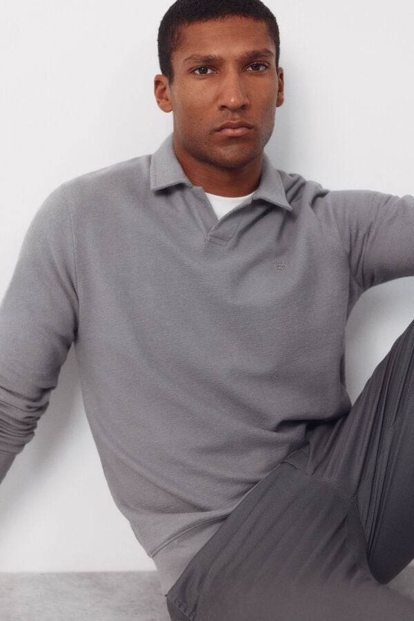 Cortefiel Long sleeve link structure polo shirt Grey