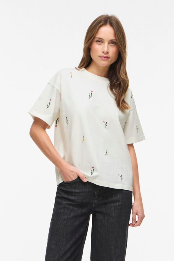 Vila Embroidered organic cotton short sleeve T-shirt Printed white