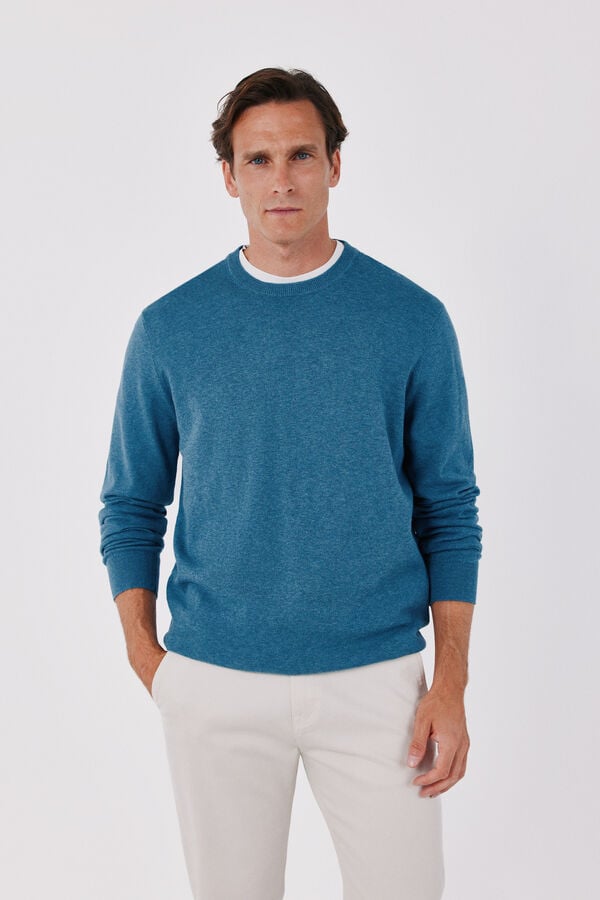 Cortefiel Cotton cashmere knit crew neck jumper Blue