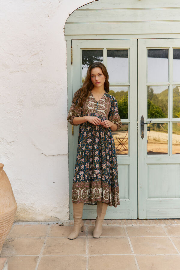 Jaase Vestido midi Eve estampado Nomade Preto