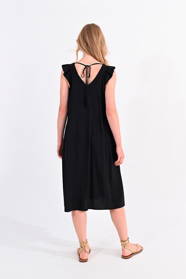 Cortefiel Long dress with short sleeves with ruffles and tie detail Black