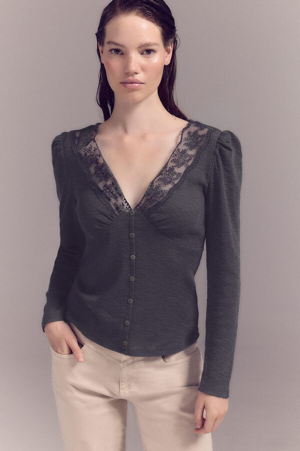 Cortefiel Top with lace neckline Grey