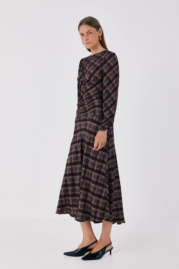 Cortefiel Plaid print ruched dress Printed grey