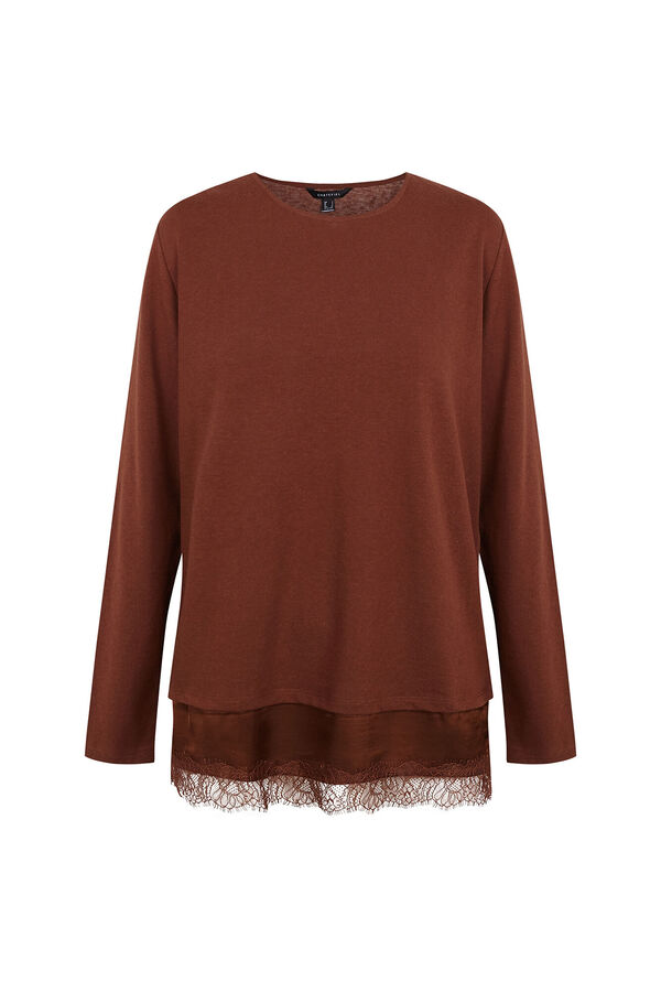 Cortefiel Plain hem T-shirt with lace detail Camel