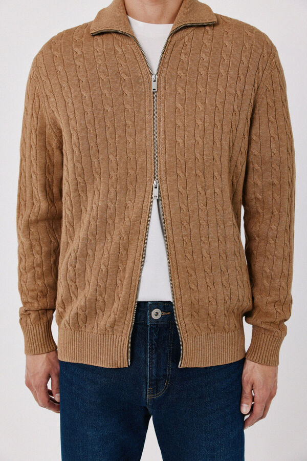 Cortefiel Cotton braided knit zip fastening cardigan Brown