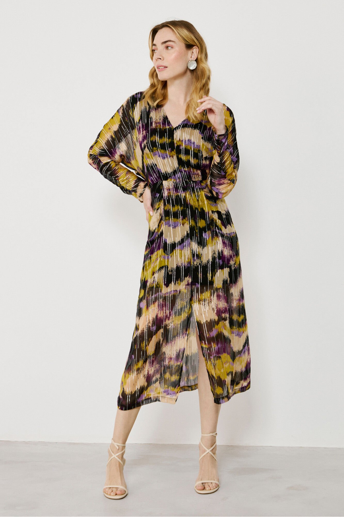 Vila Vestido midi estampado com lurex