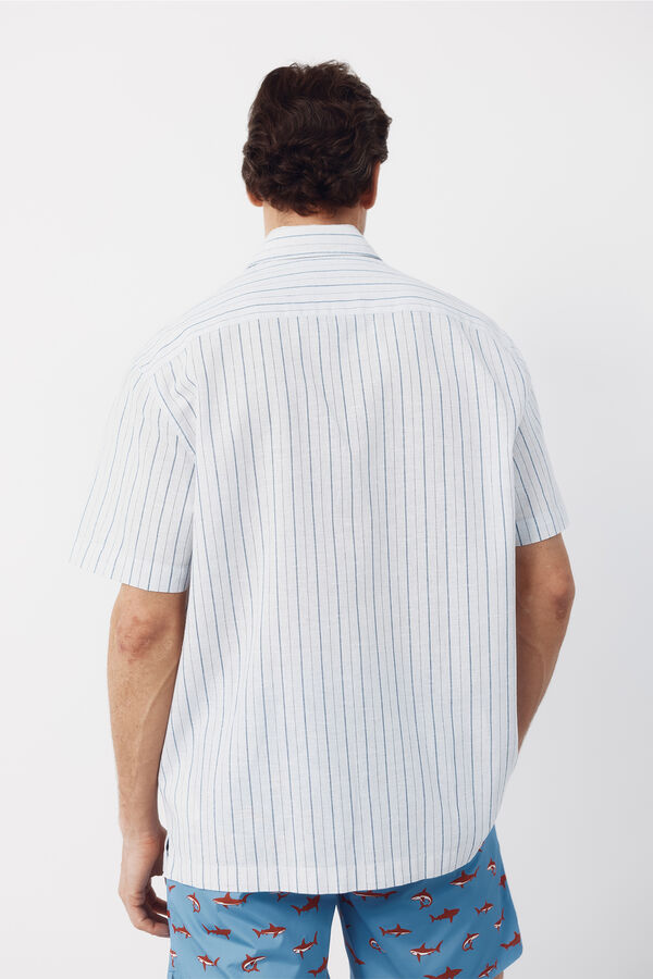 Cortefiel Striped cotton linen short sleeve shirt Blue