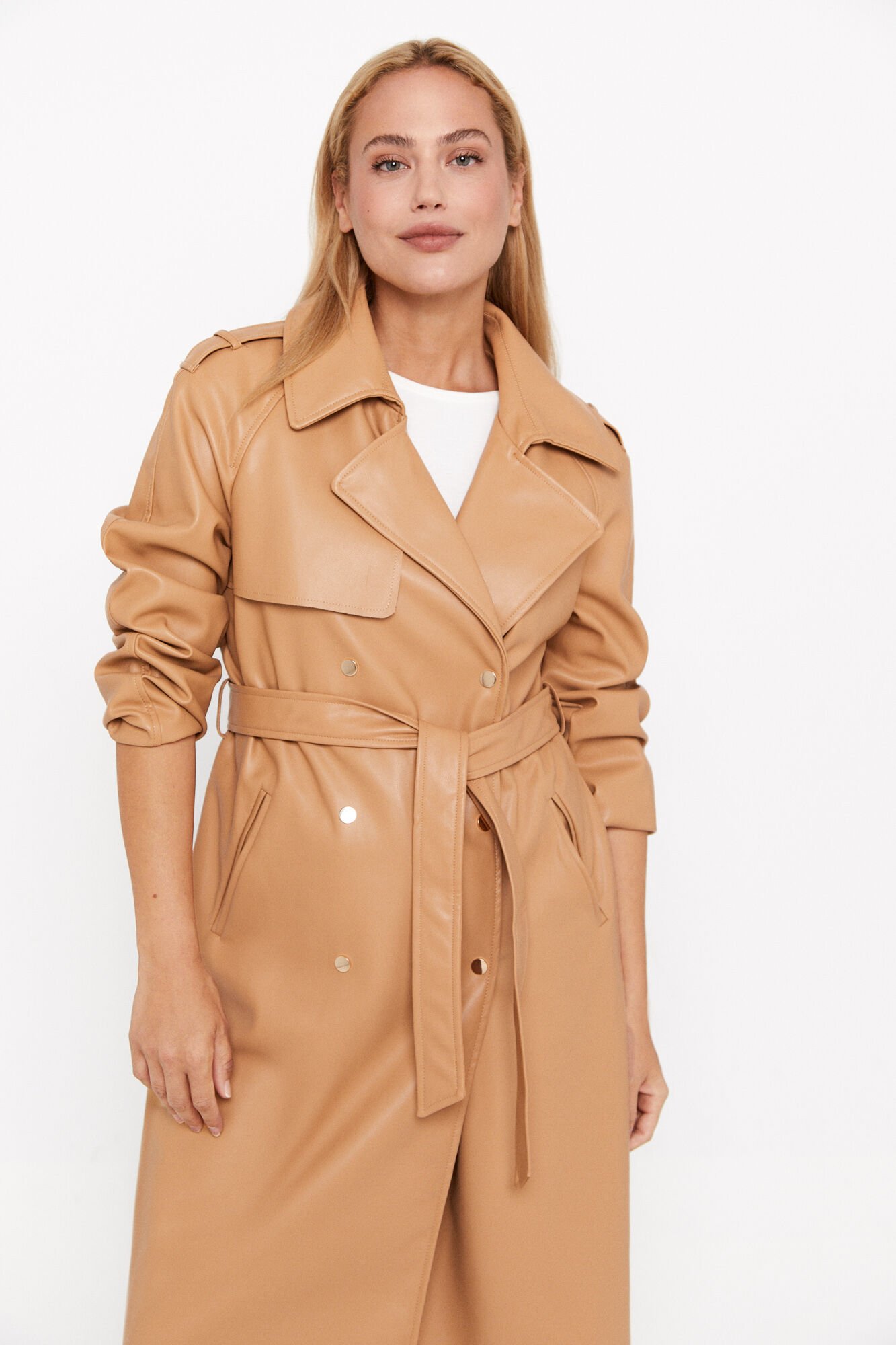 Beige leather trench coat sales