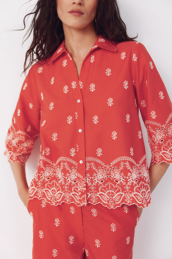 Cortefiel Embroidered shirt Coral