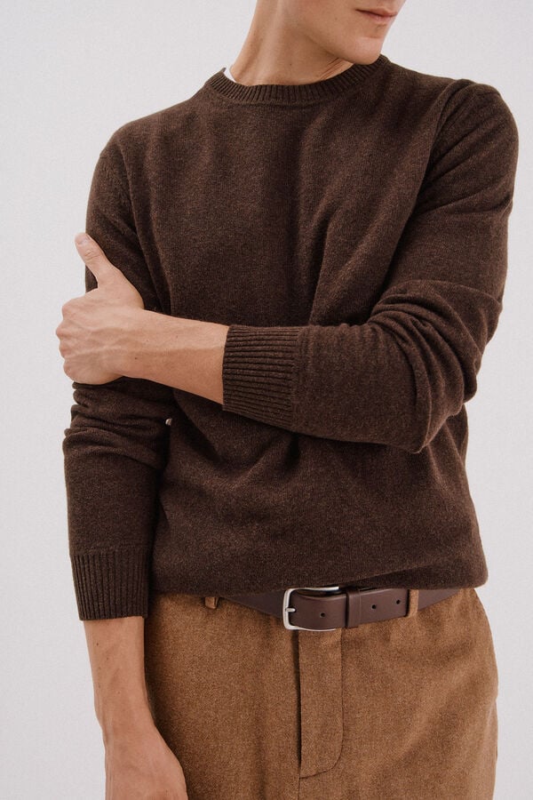 Cortefiel Lambswool jumper with round neck Dark brown