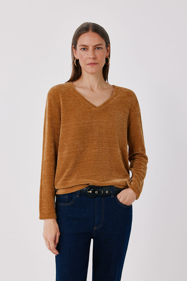 Cortefiel Chenille V-neck T-shirt Gold