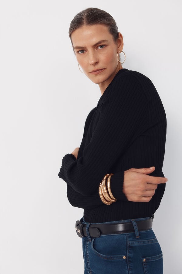 Cortefiel Jersey-knit keyhole polo shirt Black