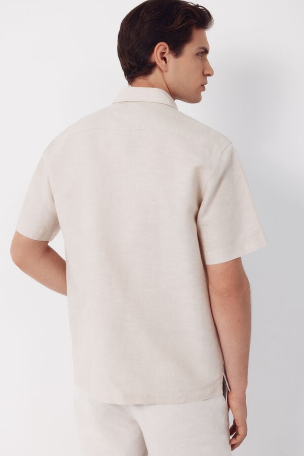 Cortefiel Plain cotton linen short sleeve shirt Beige