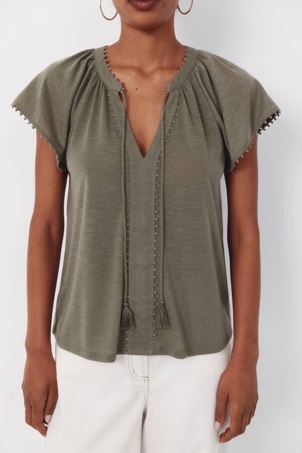 Cortefiel Camiseta fluida pasamanerias Kaki