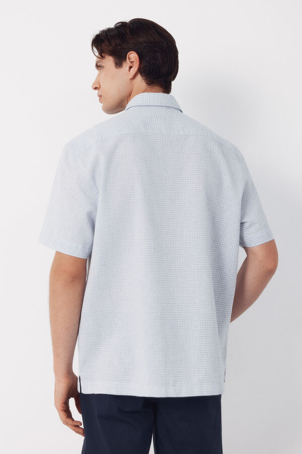 Cortefiel Checked cotton linen short sleeve shirt Blue