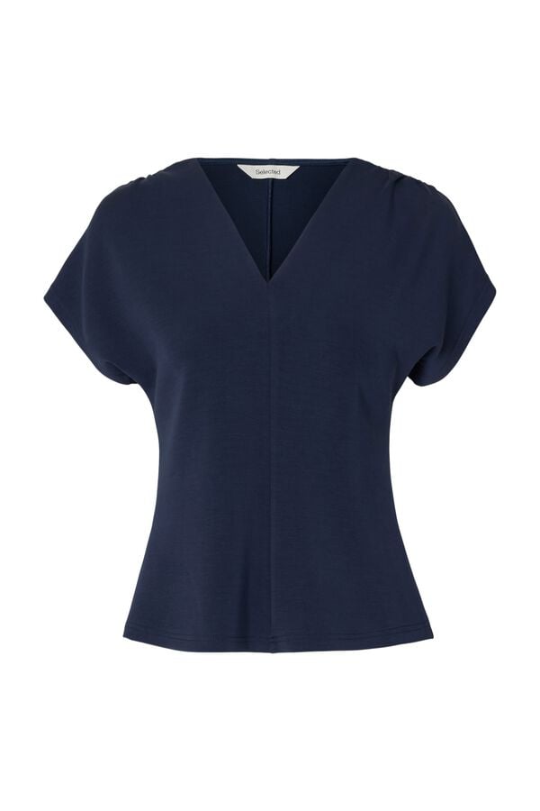 Selected V-neck three-quarter sleeve T-shirt Navy