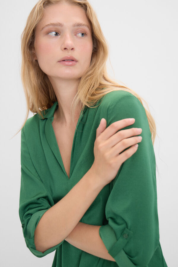 Cortefiel Satin blouse with lapel collar Dark green