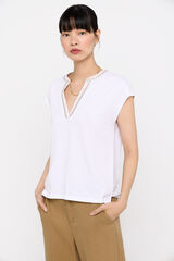 Cortefiel Embroidered T-shirt with mandarin collar White