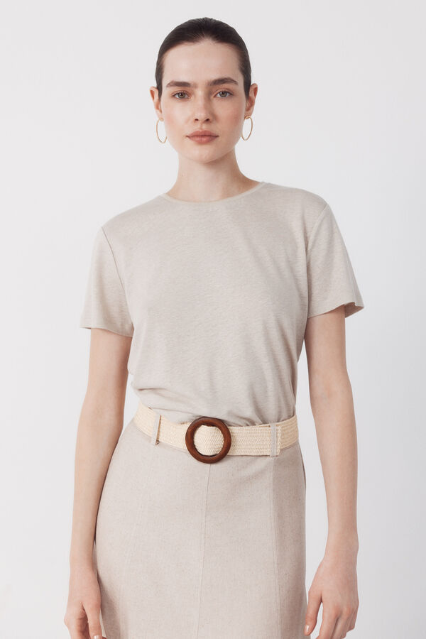Cortefiel Linen -shirt with lurex neckline Beige