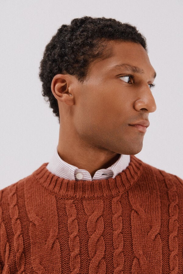 Cortefiel Wool knit crew neck sweater Orange