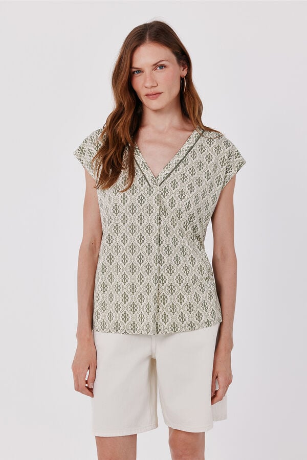 Cortefiel V-neck T-shirt with lace detail Printed white