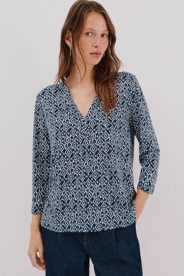 Cortefiel Basic top with mandarin collar Printed blue