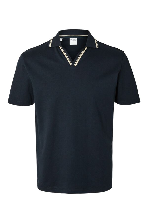 Selected short sleeve V- neck polo shirt made from 100% organic cotton.  Navy