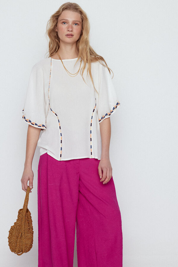 Cortefiel Embroidered ruffled blouse White