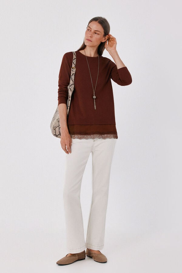 Cortefiel Plain hem T-shirt with lace detail Camel