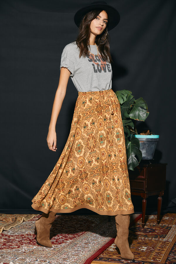 Cortefiel Long printed layered skirt Printed yellow