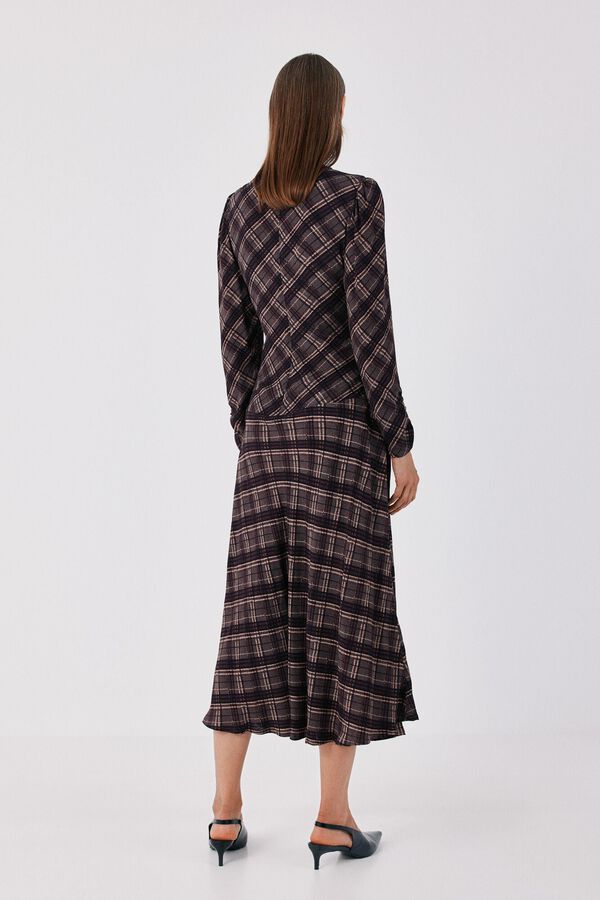Cortefiel Plaid print ruched dress Printed grey