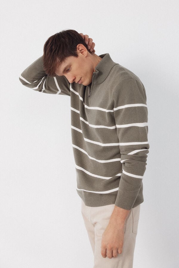 Cortefiel Jersey punto rayas cuello con cremallera Kaki