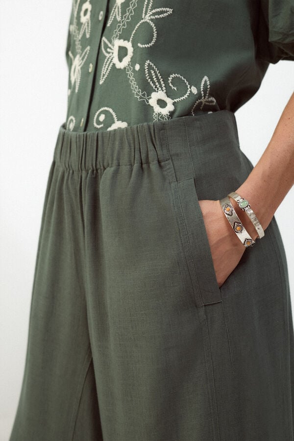 Slowlove Pantal&oacute;n ancho de lino lavado Verde