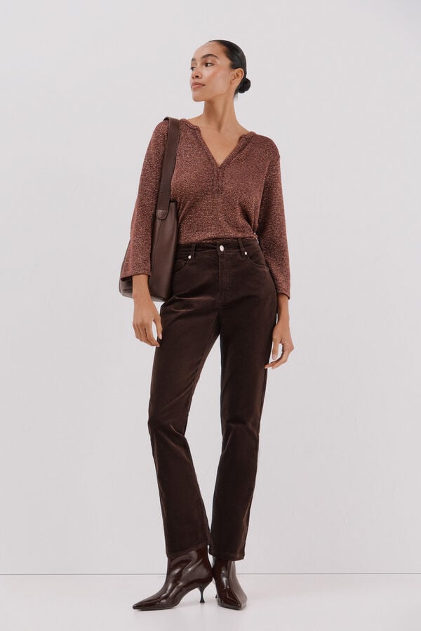 Cortefiel Lurex mandarin collar t-shirt Maroon