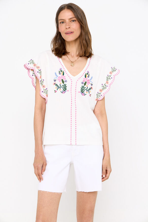 Cortefiel Camiseta con detalles bordados florales Blanco
