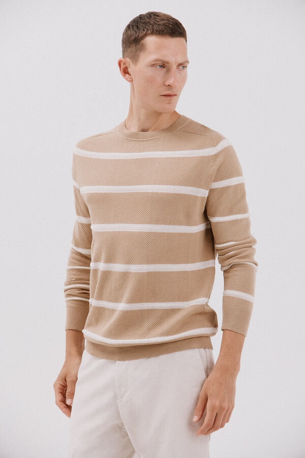 Cortefiel Fine jersey-knit striped round neck sweater  Beige