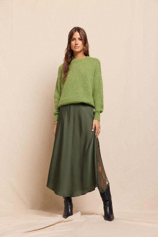 Slowlove Saia longa de cetim com renda Verde