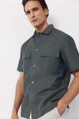 Cortefiel Plain linen cotton bowling collar shirt Kaki