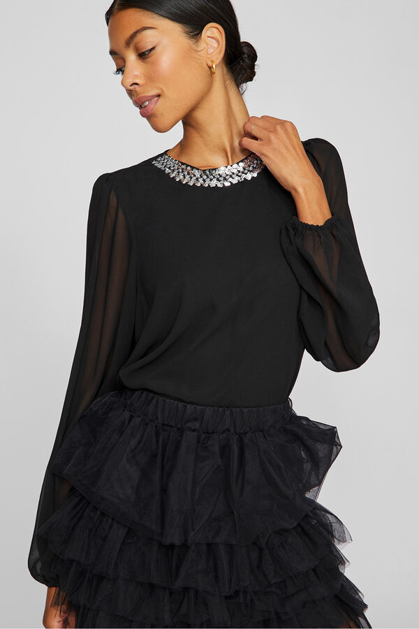 Vila Blusa de chiffon com pedraria no gola Preto