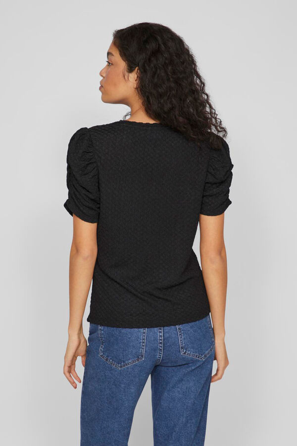 Cortefiel Jersey-knit top with short ruched sleeves Black