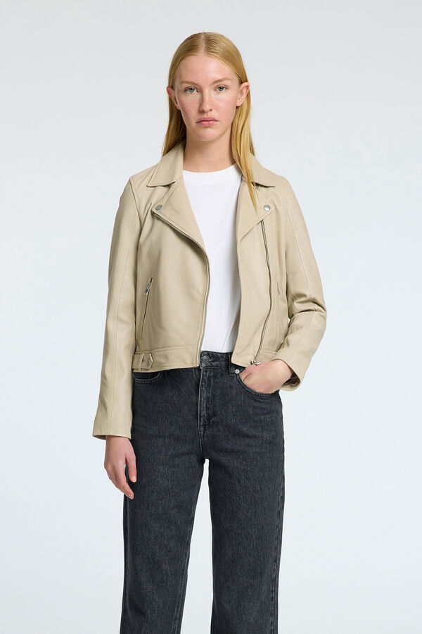Selected Femme Blusão biker cropped 100% couro. Castanho