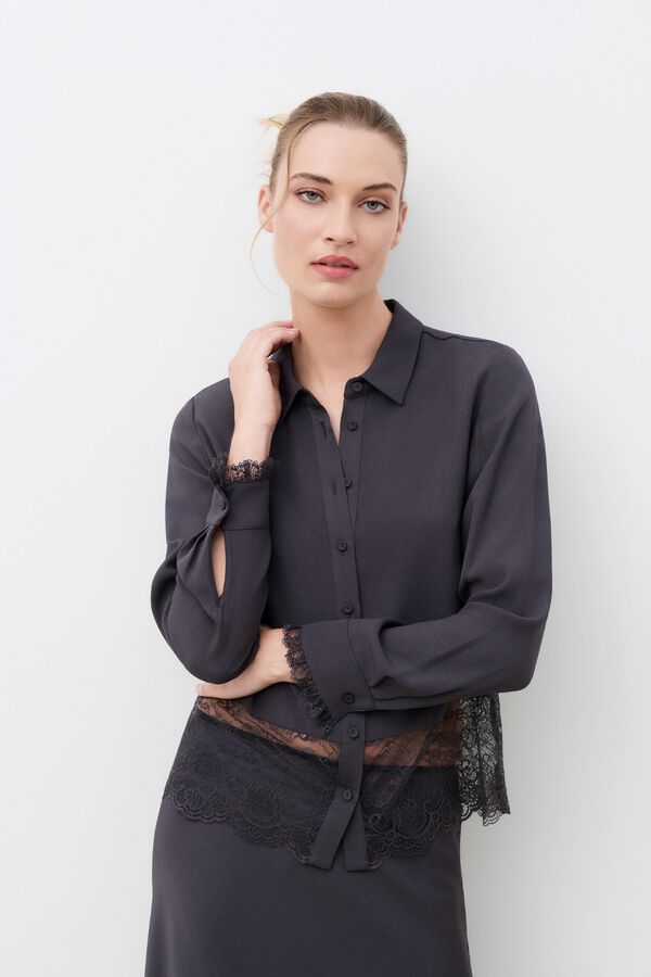 Caroll Blusa acetinada com renda Cinzento